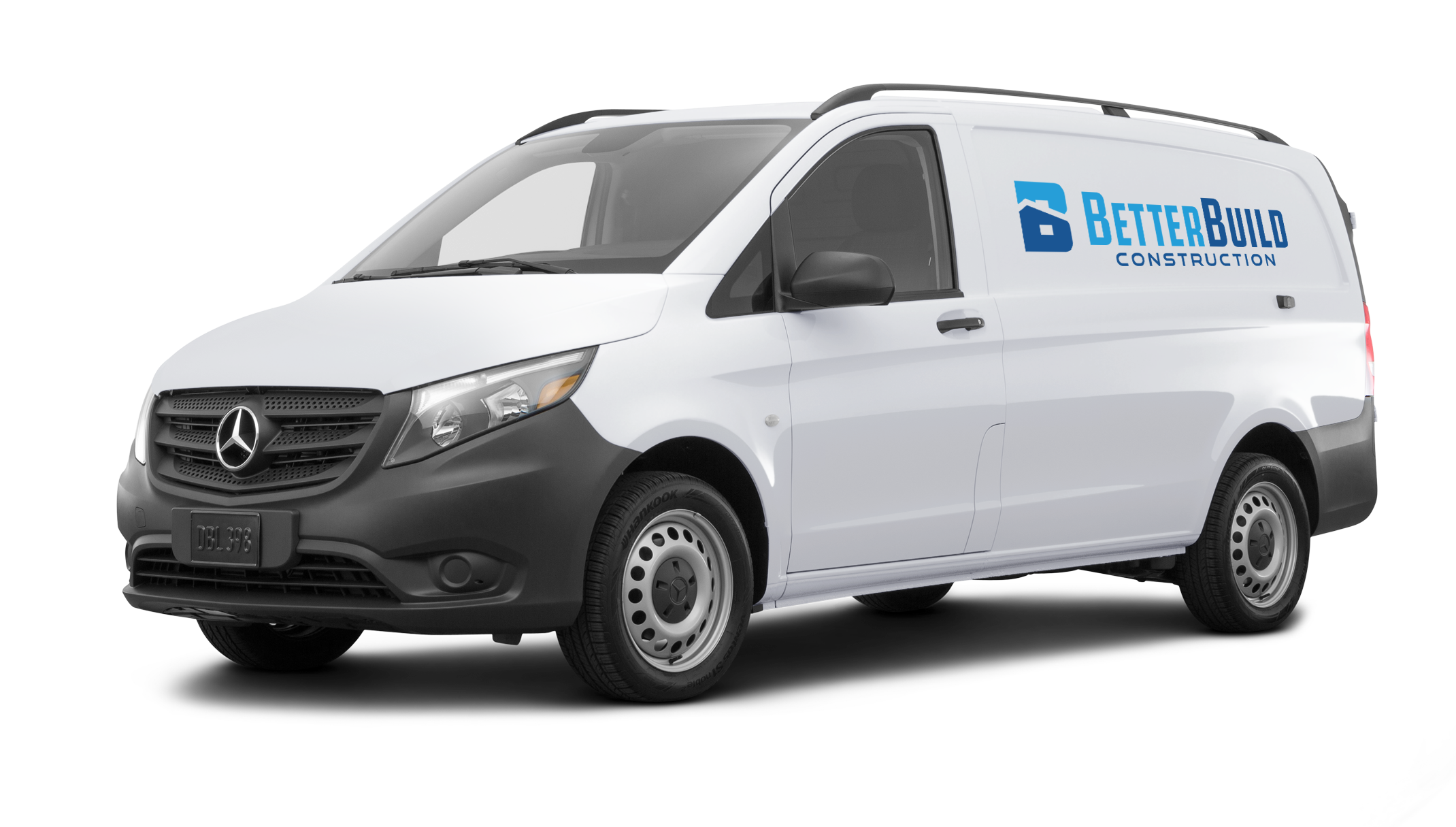 White Mercedes-Benz van with company logo 'BetterBuild Construction' on the side.