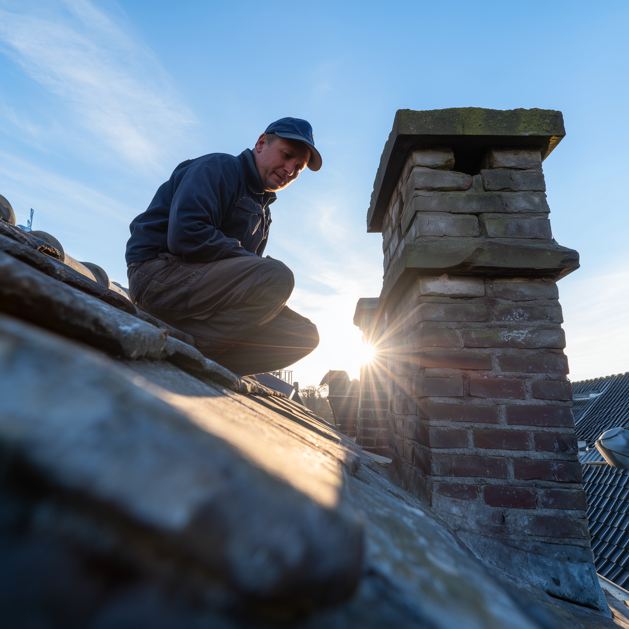 A man in a blue jacket and cap crouching on a rooftop near a chimney at sunset.