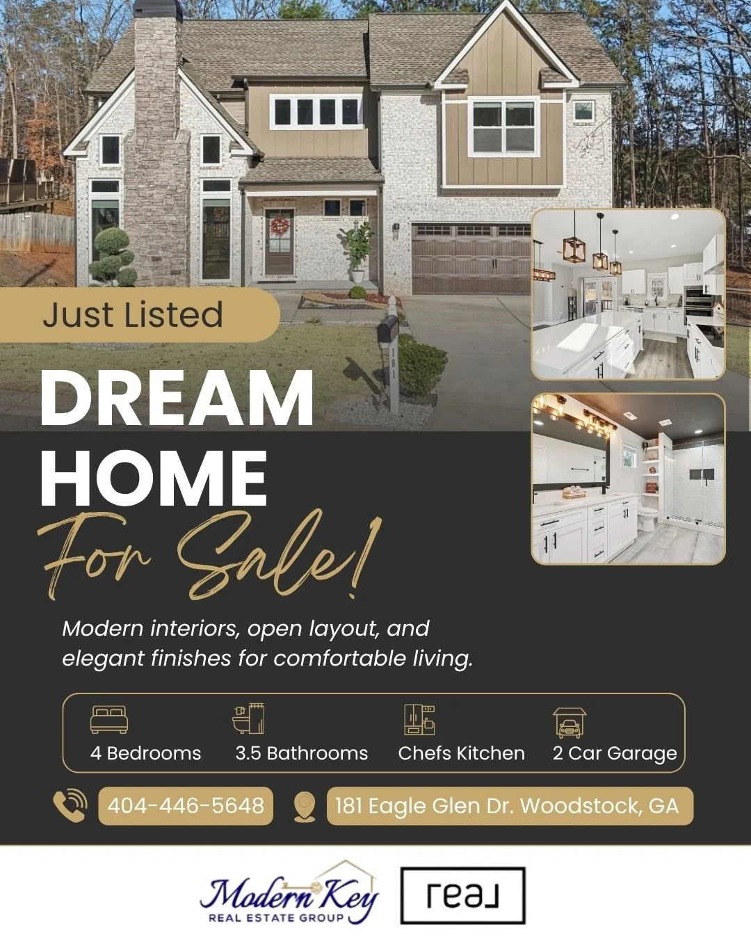 Beautiful modern house with stone and siding exterior, green lawn, and trees in background, with interior images of kitchen and bathroom, and real estate listing details.