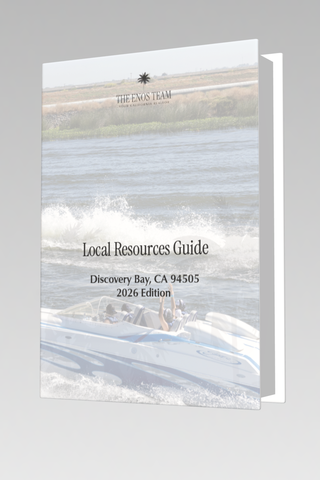 A booklet titled 'Local Resources Guide' with a background image of a speedboat on water, featuring people on board, and a shoreline with a palm tree and open land in the distance.