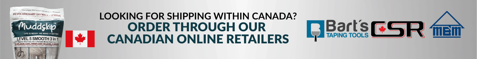 Banner ad promoting Canadian online retailers for shipping, featuring brands Bart's Taping Tools, SR, and MEM, with a product image of drywall repair paste and a Canadian flag.
