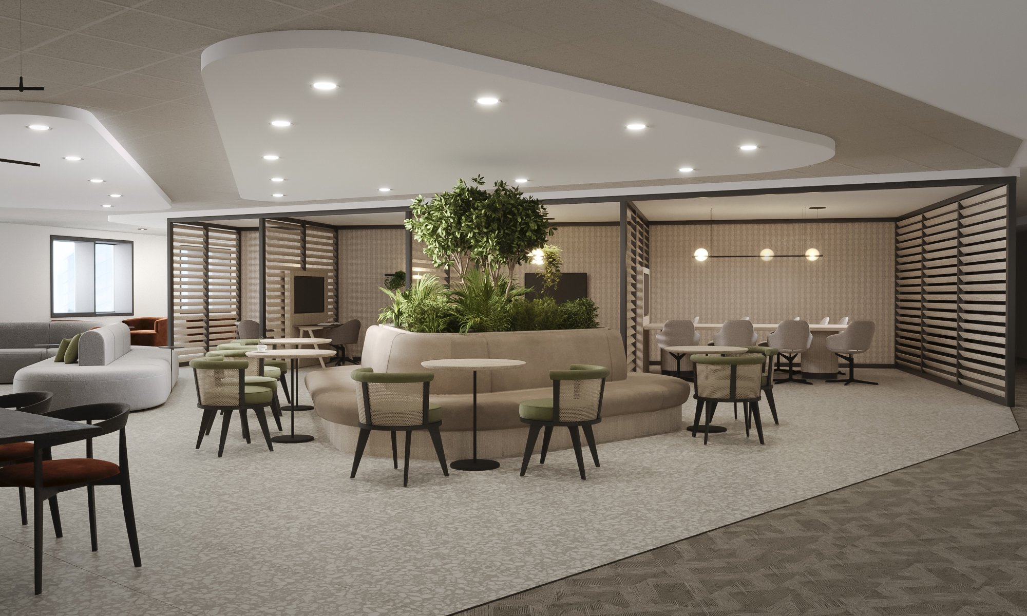 Modern hotel lobby with seating areas, green plants, and pendant lighting.