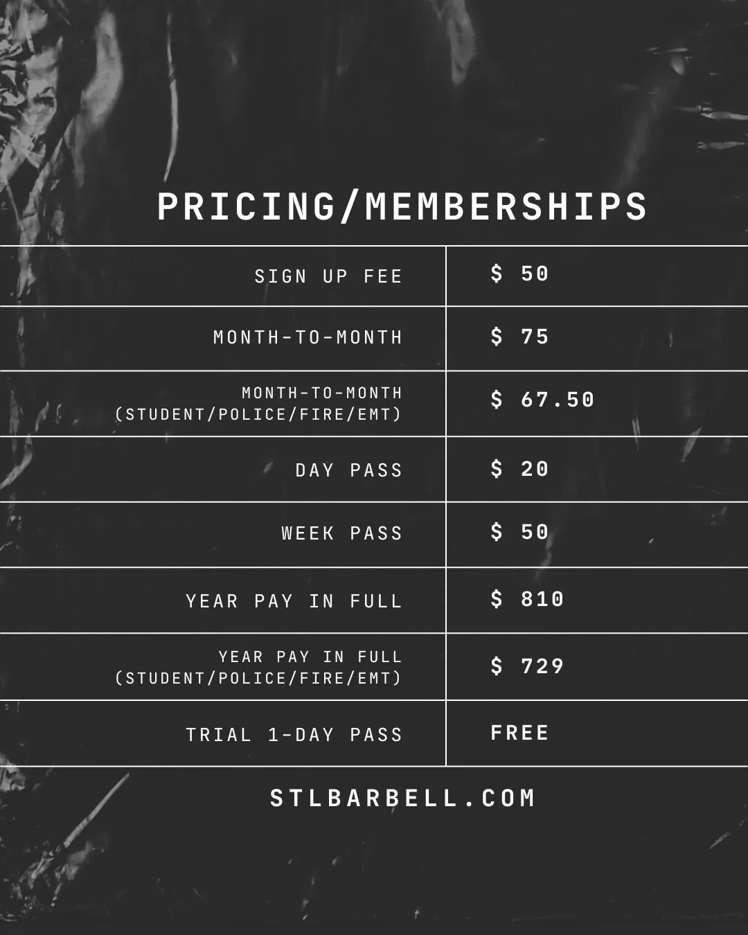 Premium lifts, primo equipment, prices that make sense.

🔥 Month-to-Month &ndash; $75
🔥 Students / Police / Fire / EMT &ndash; $67.50
🔥 1-Year Paid in Full &ndash; $810 ($765 for Students / Police / Fire / EMT)
🔥 Day Pass &ndash; $20
🔥 Sign-Up F