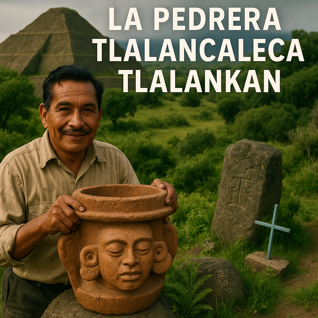 A man in a beige shirt holding a large terracotta sculpted head located outdoors near rocks and greenery, with ancient pyramid structures in the background.