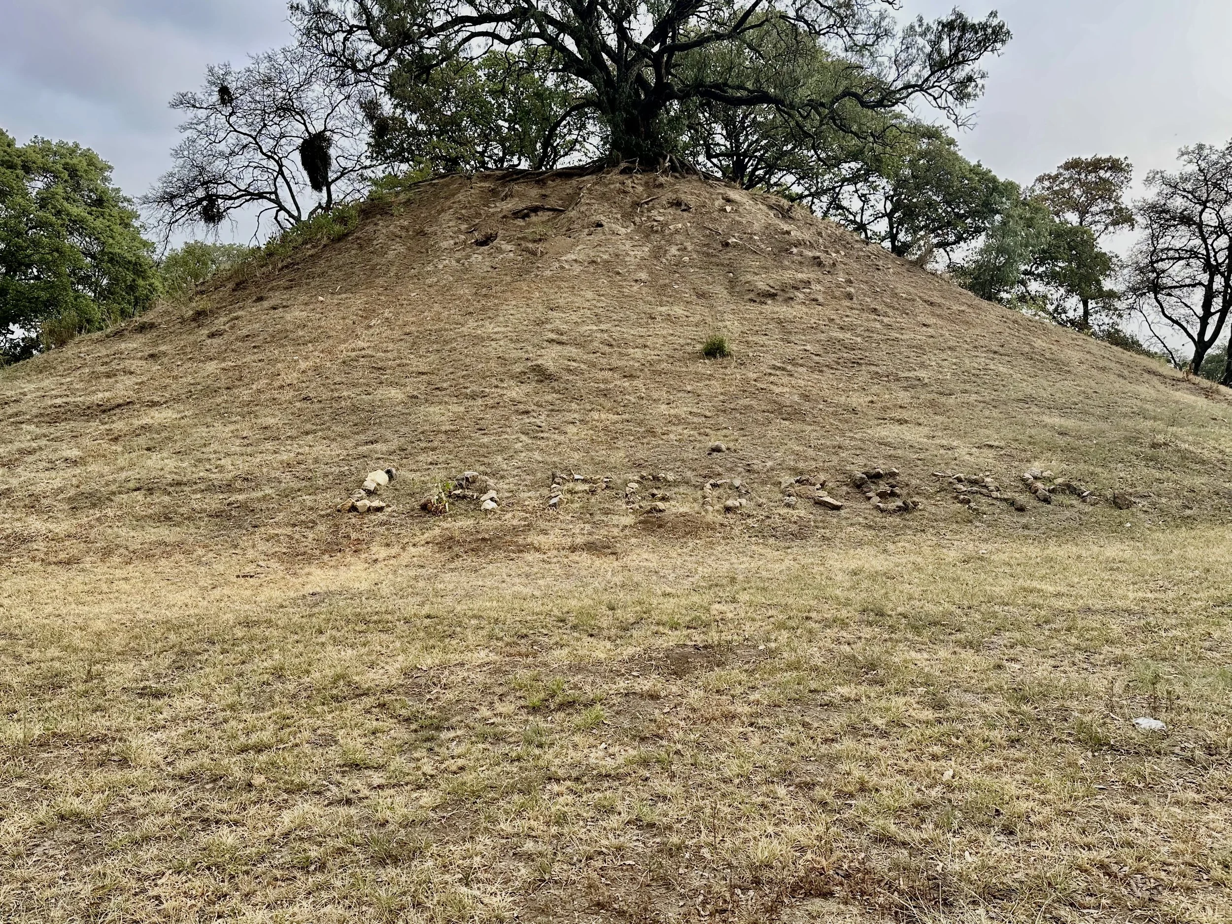A pyramid hill with a large tree at the top, and rocks arranged to spell out 'LOVE' on the hill's slope.