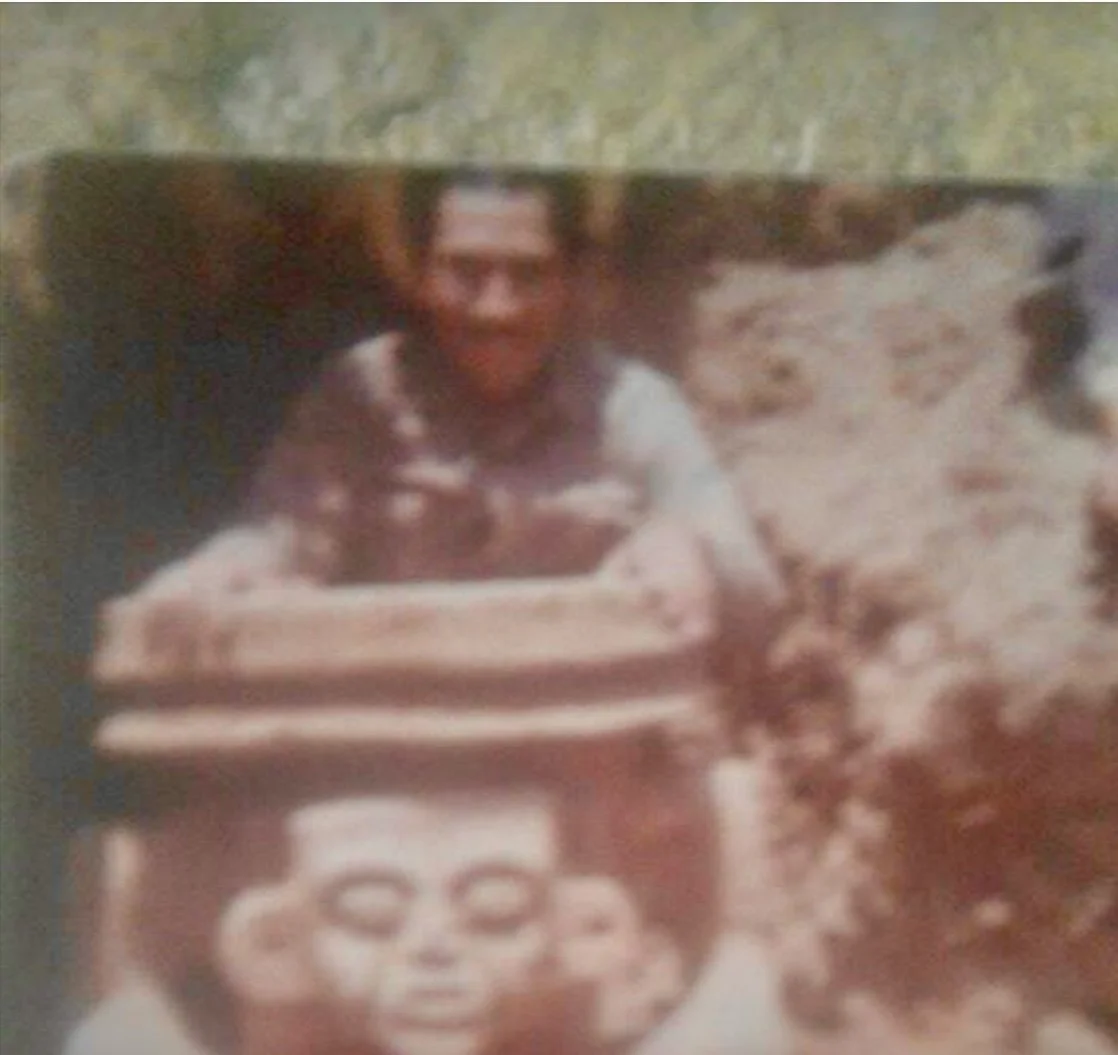 A blurry, black-and-white photograph of a person sitting outdoors, with trees and rocks in the background. The person is smiling and leaning on a wooden railing or fence.