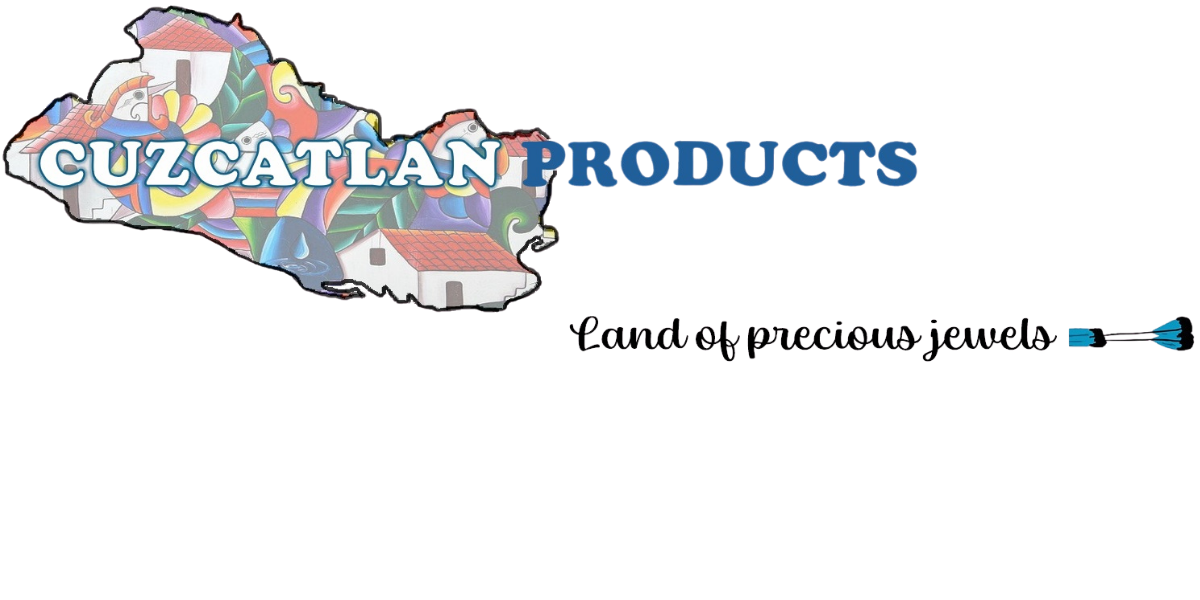 A colorful logo for Cuzcatlán Products, featuring the shape of El Salvador with artistic designs inside, and text highlighting that they offer handmade jewelry.