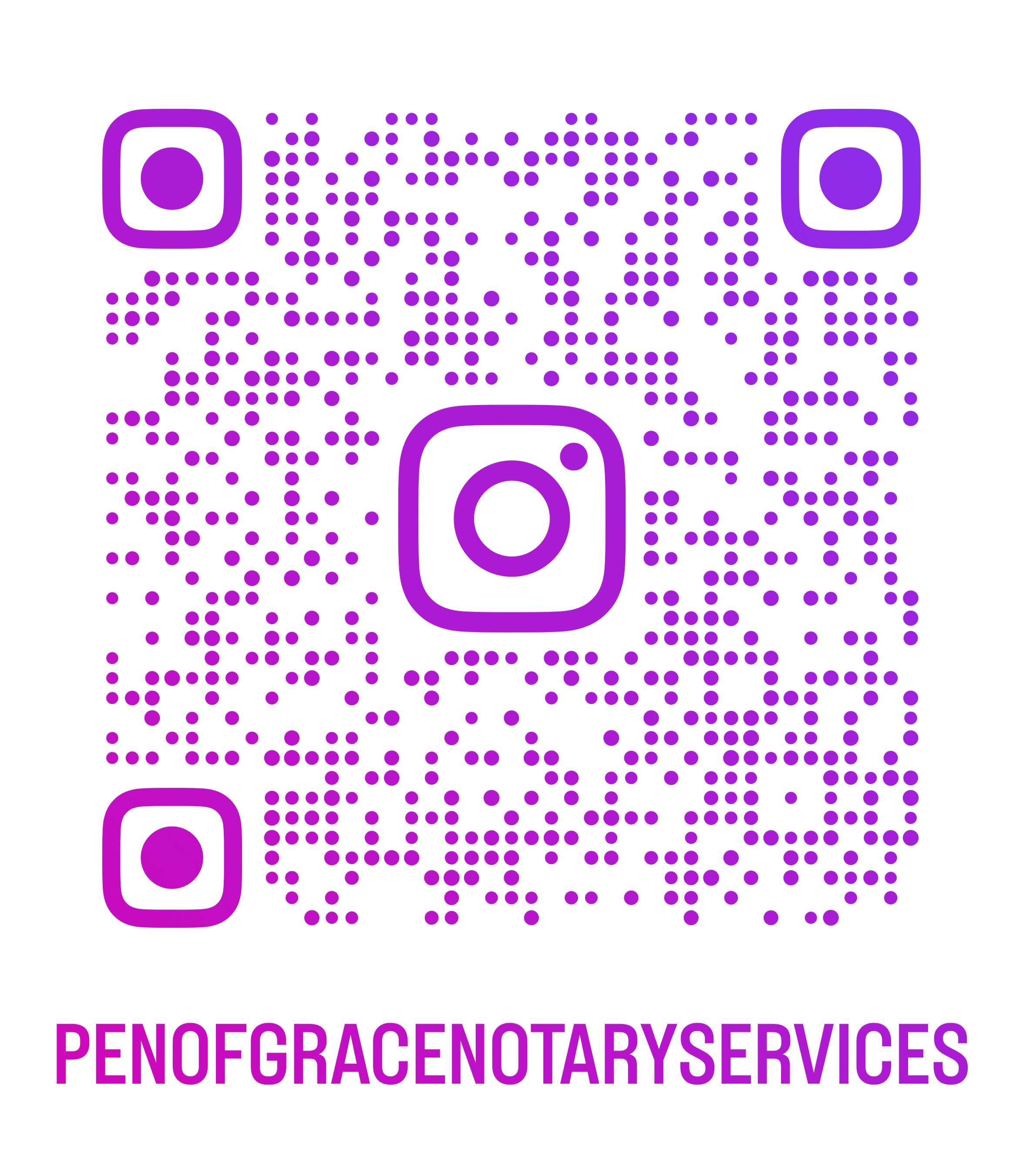 A purple and white Instagram QR code with the username 'PENOFGRACENOTARYSERVICES' displayed below.
