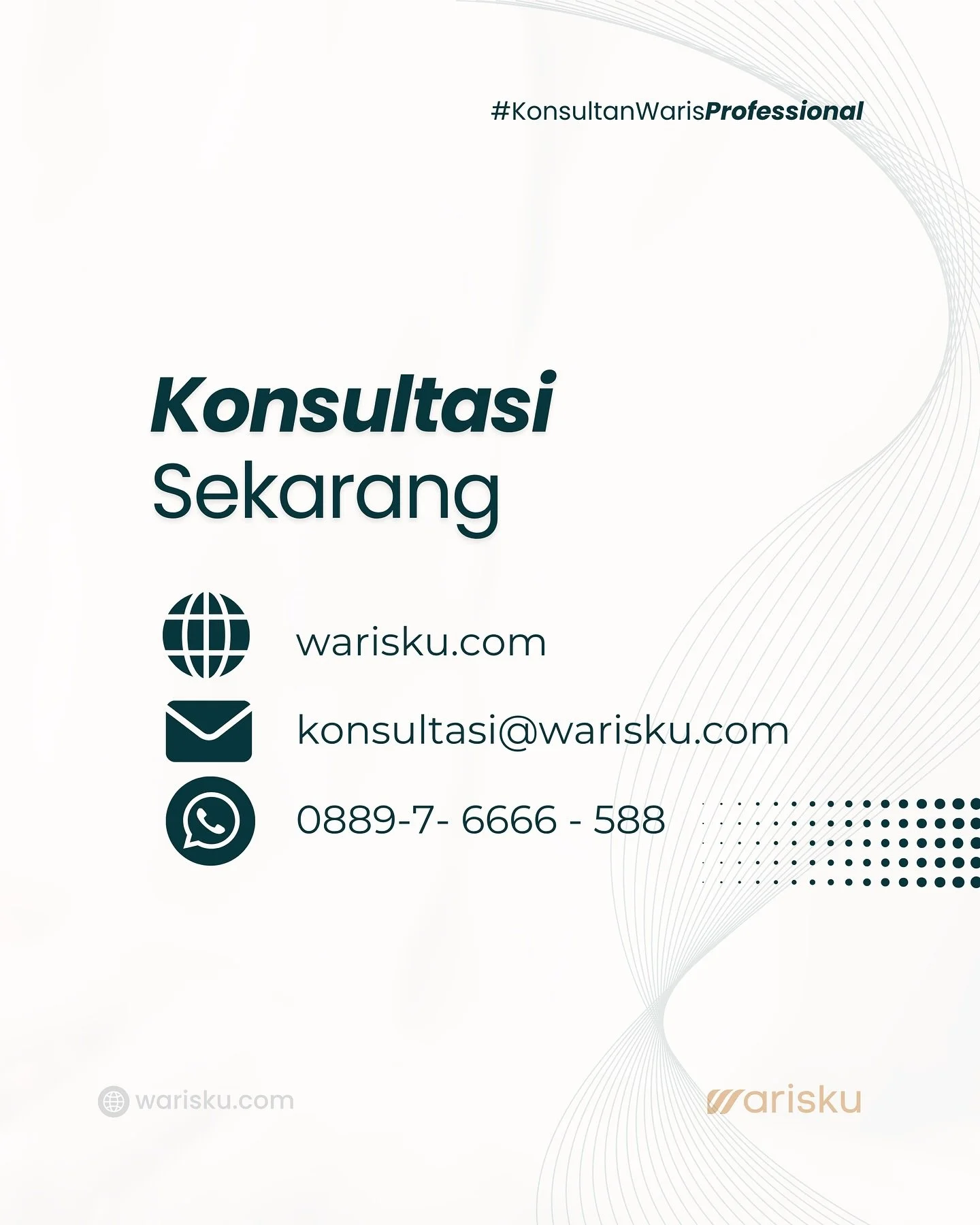 𝐖𝐀𝐑𝐈𝐒𝐊𝐔 | Konsultan Waris Terpercaya
__
📣 𝐏𝐮𝐧𝐲𝐚 𝐌𝐚𝐬𝐚𝐥𝐚𝐡 𝐖𝐚𝐫𝐢𝐬𝐚𝐧?
- Orangtua meninggal, Bingung mulai dari mana
- Takut Konflik Keluarga
- Takut Pembagian gak jelas
- Gak punya dokumen lengkap
- Butuh Solusi Waris, Sesuai hu