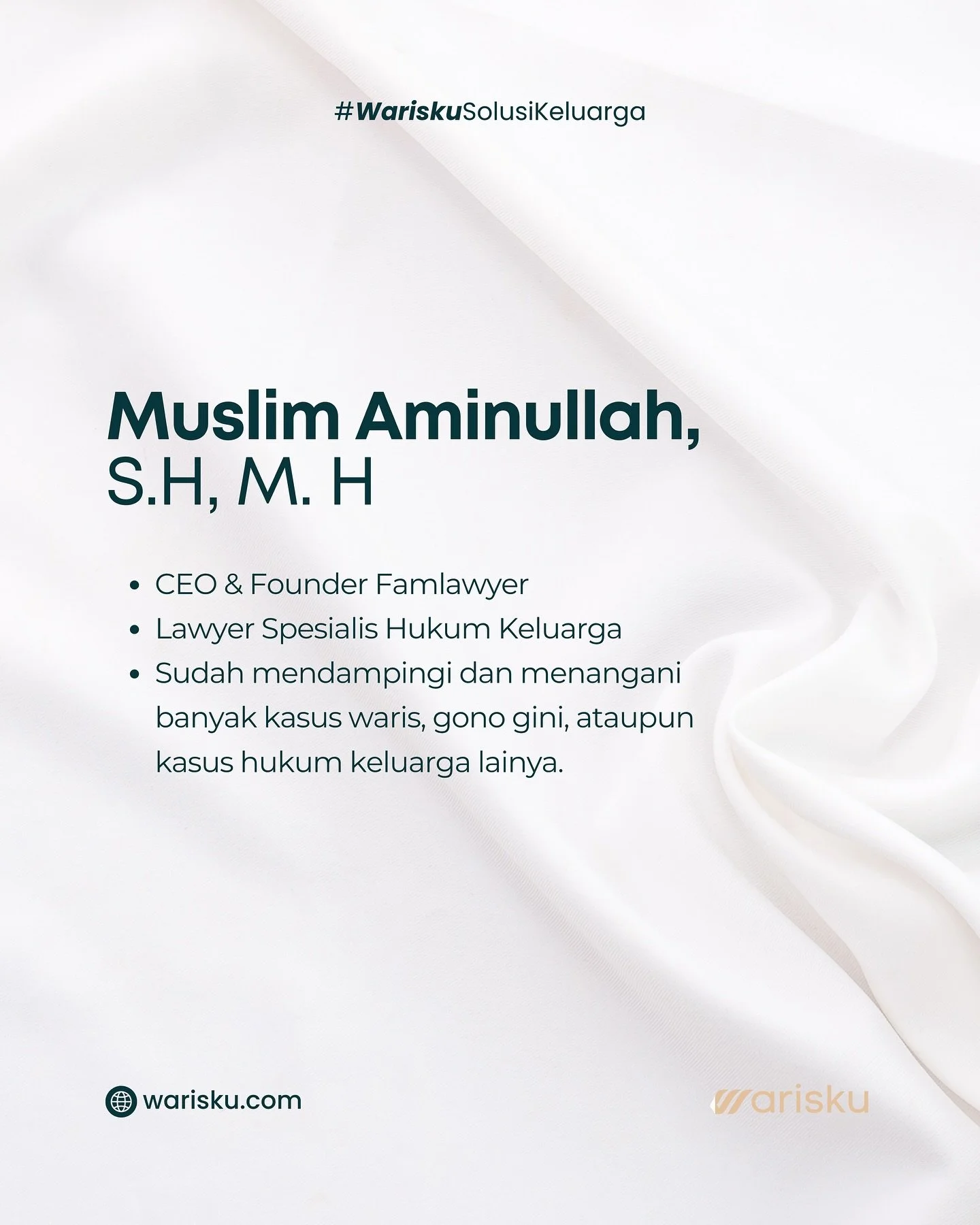 𝐖𝐀𝐑𝐈𝐒𝐊𝐔 | Konsultan Waris Terpercaya
__
📣 𝐏𝐮𝐧𝐲𝐚 𝐌𝐚𝐬𝐚𝐥𝐚𝐡 𝐖𝐚𝐫𝐢𝐬𝐚𝐧?
- Orangtua meninggal, Bingung mulai dari mana
- Takut Konflik Keluarga
- Takut Pembagian gak jelas
- Gak punya dokumen lengkap
- Butuh Solusi Waris, Sesuai hu