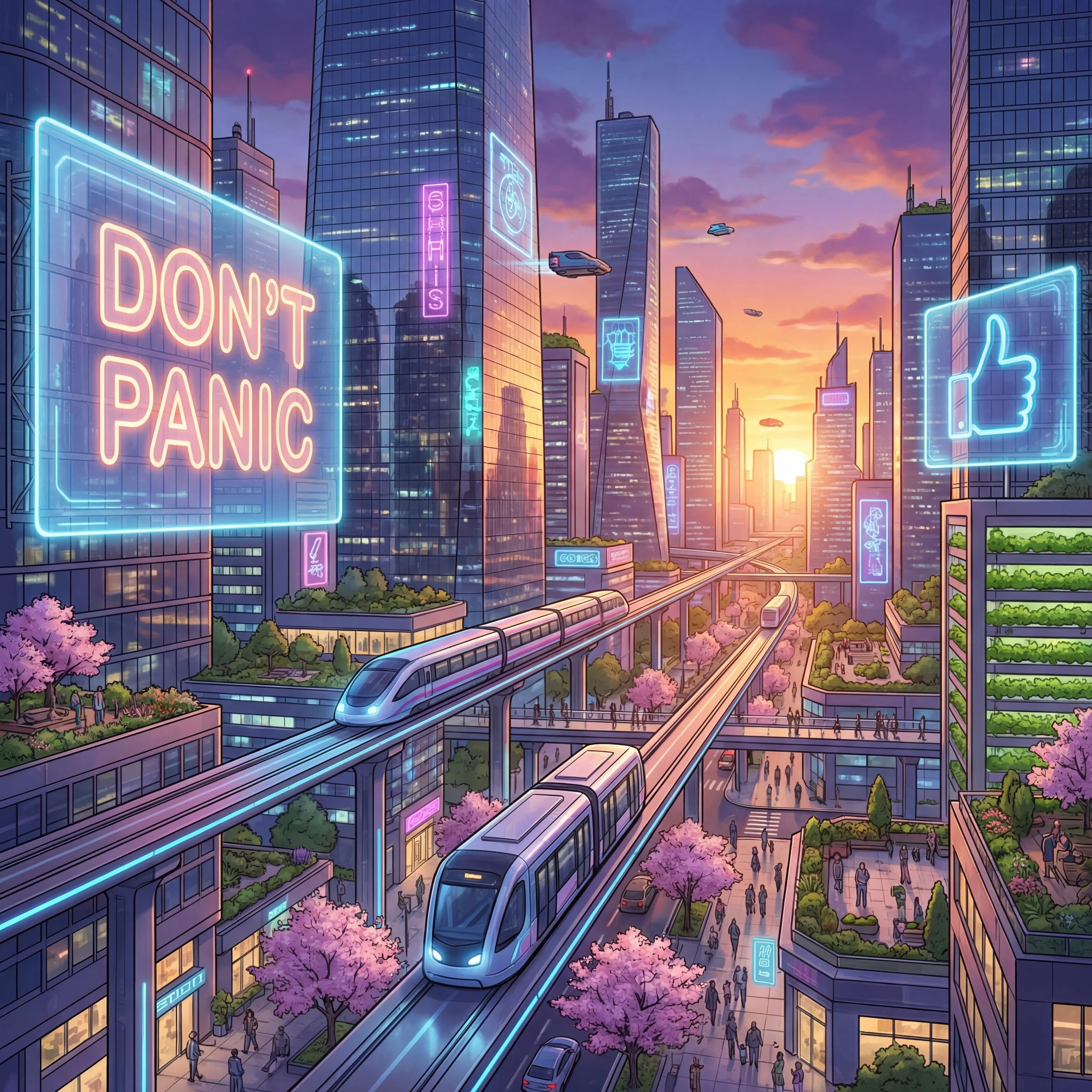 A futuristic cityscape at sunset with holographic billboards, and neon lights re (5).jpeg