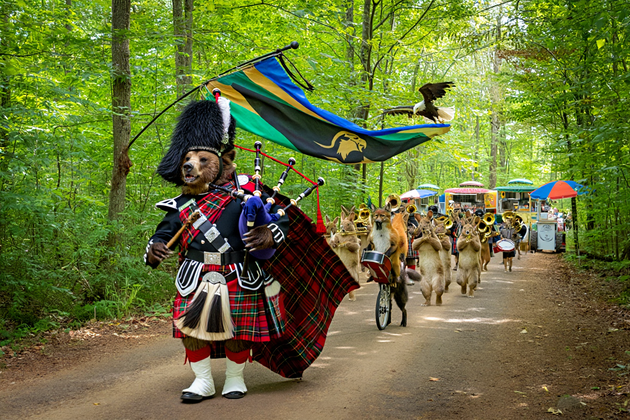 create a bagpipe marching band led by a grizzly bear in full royal scot regalia  (11).png