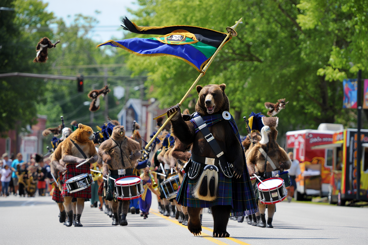 create a bagpipe marching band led by a grizzly bear in full royal scot regalia  (15).png
