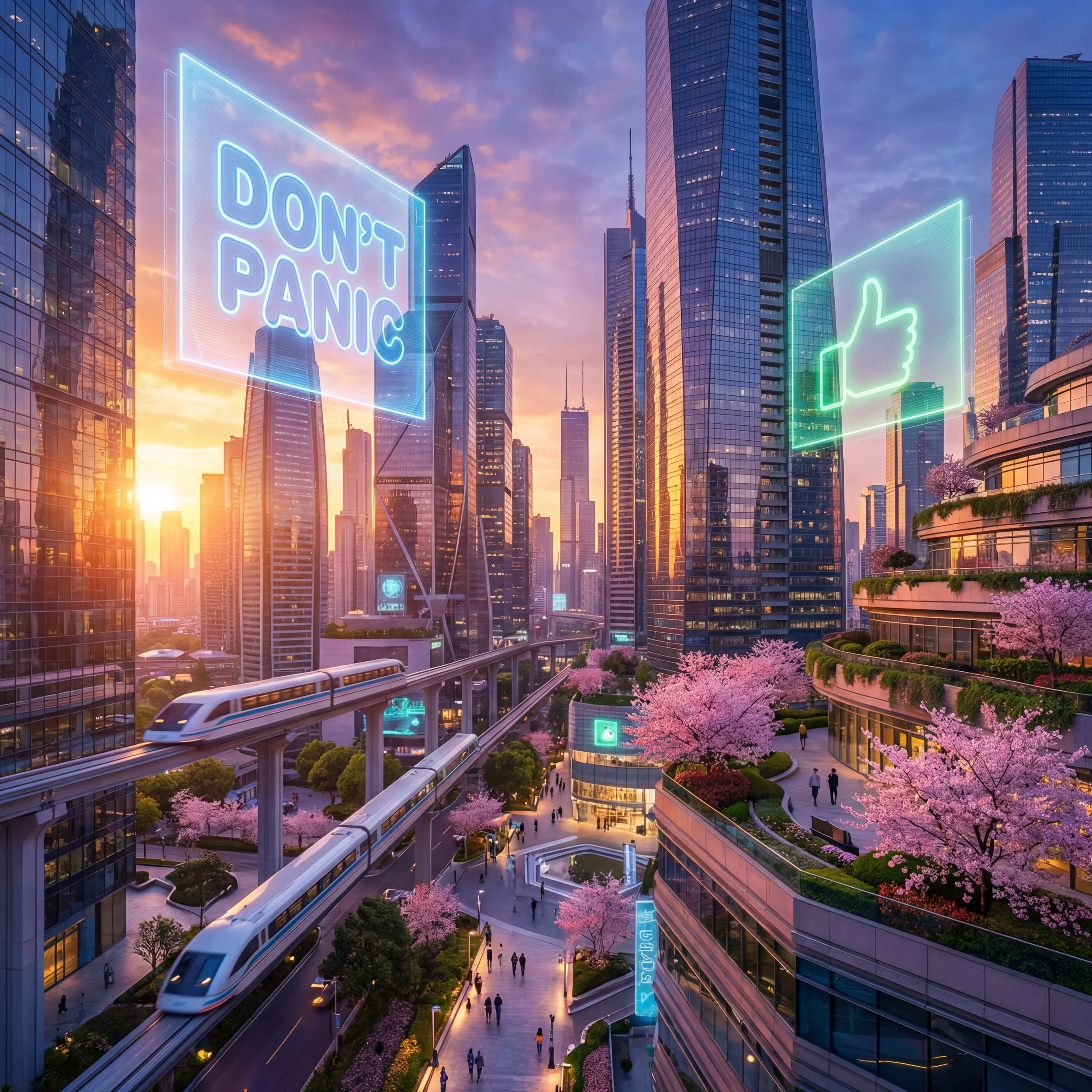 A futuristic cityscape at sunset with holographic billboards, and neon lights re (6).jpeg