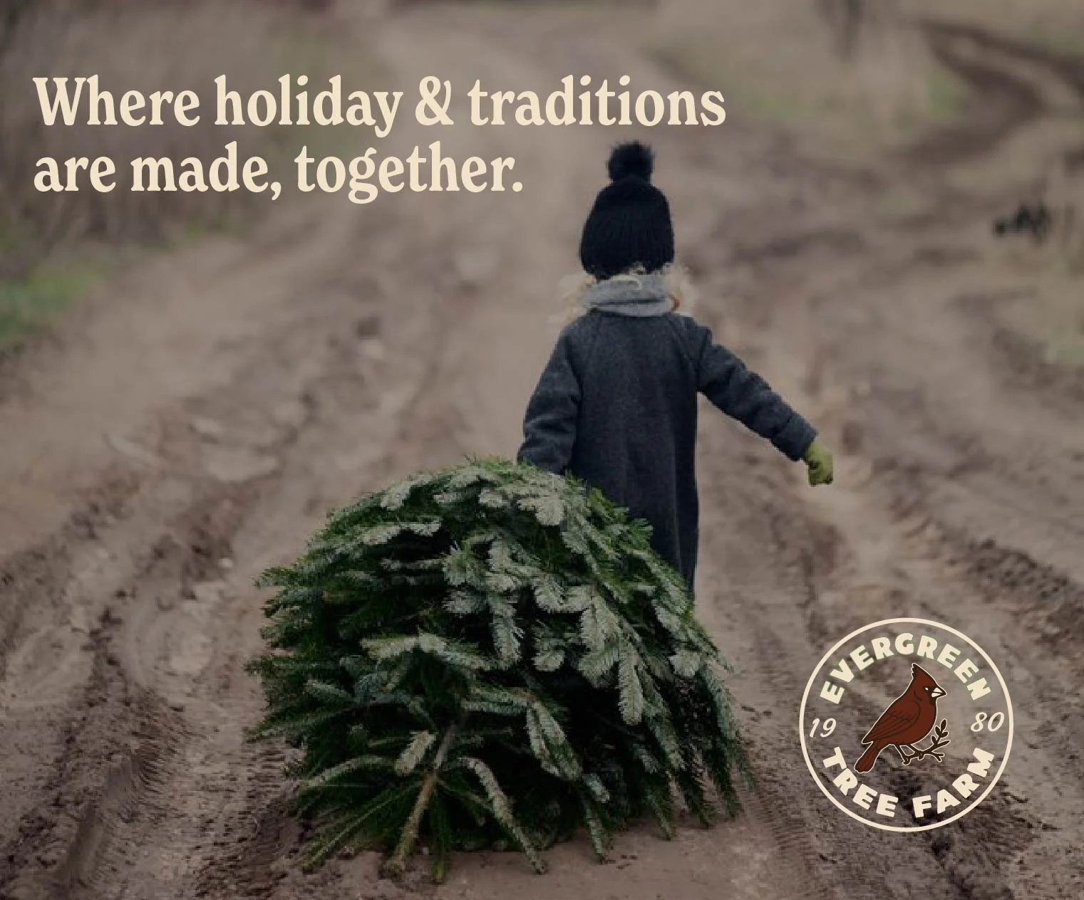 Kid pulling christmas tree behind him with Evergreen logo mark in the corner