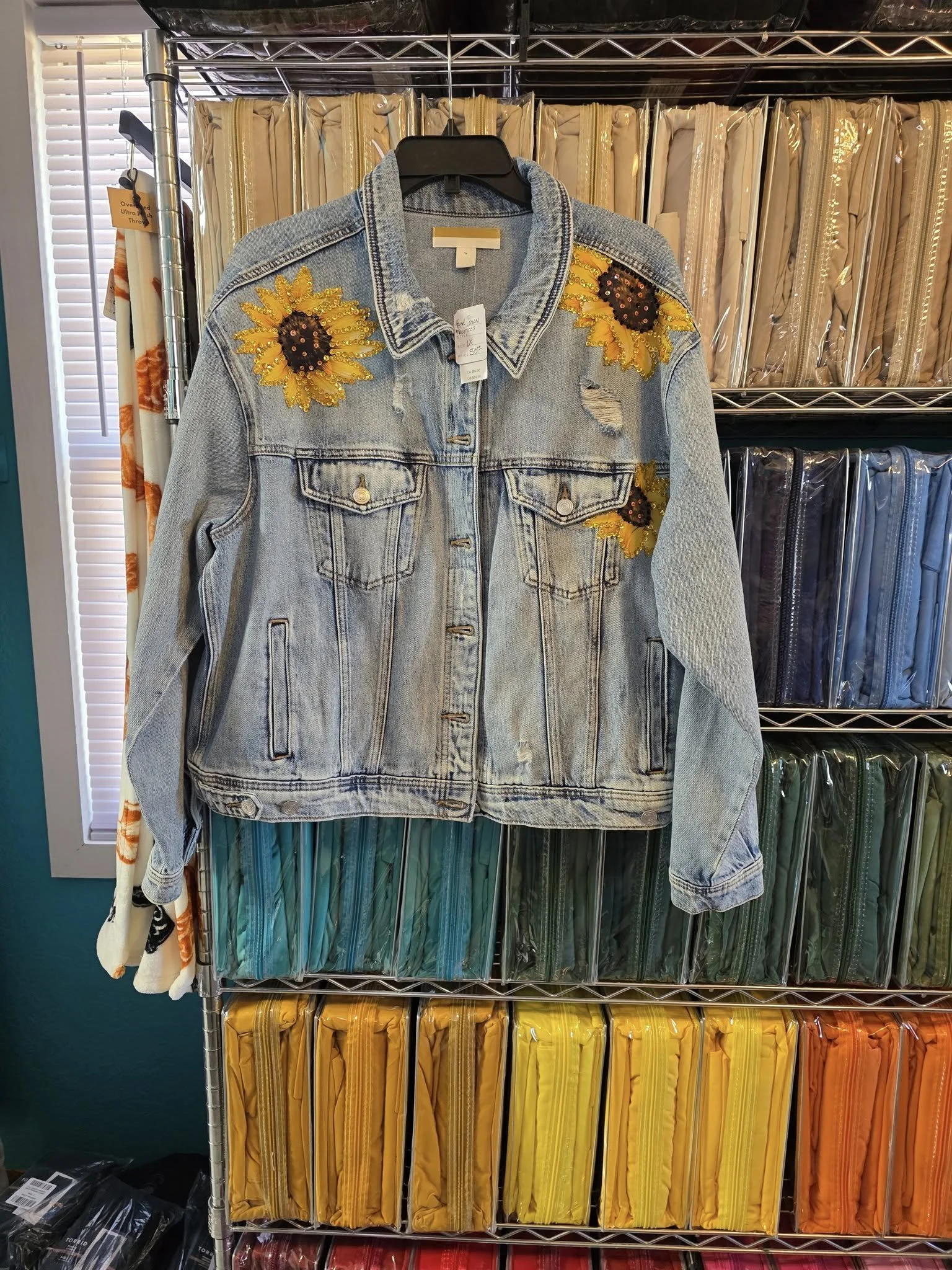 Denim jacket with sunflower patches, boutique handmade