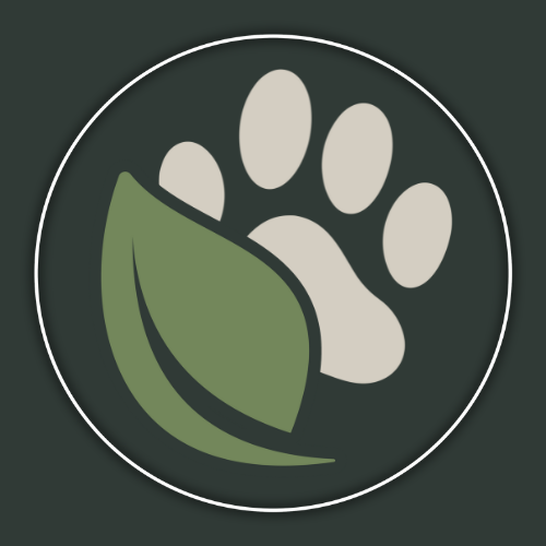 Icon of a paw print with a green leaf embedded in the lower part, set against a dark green background.