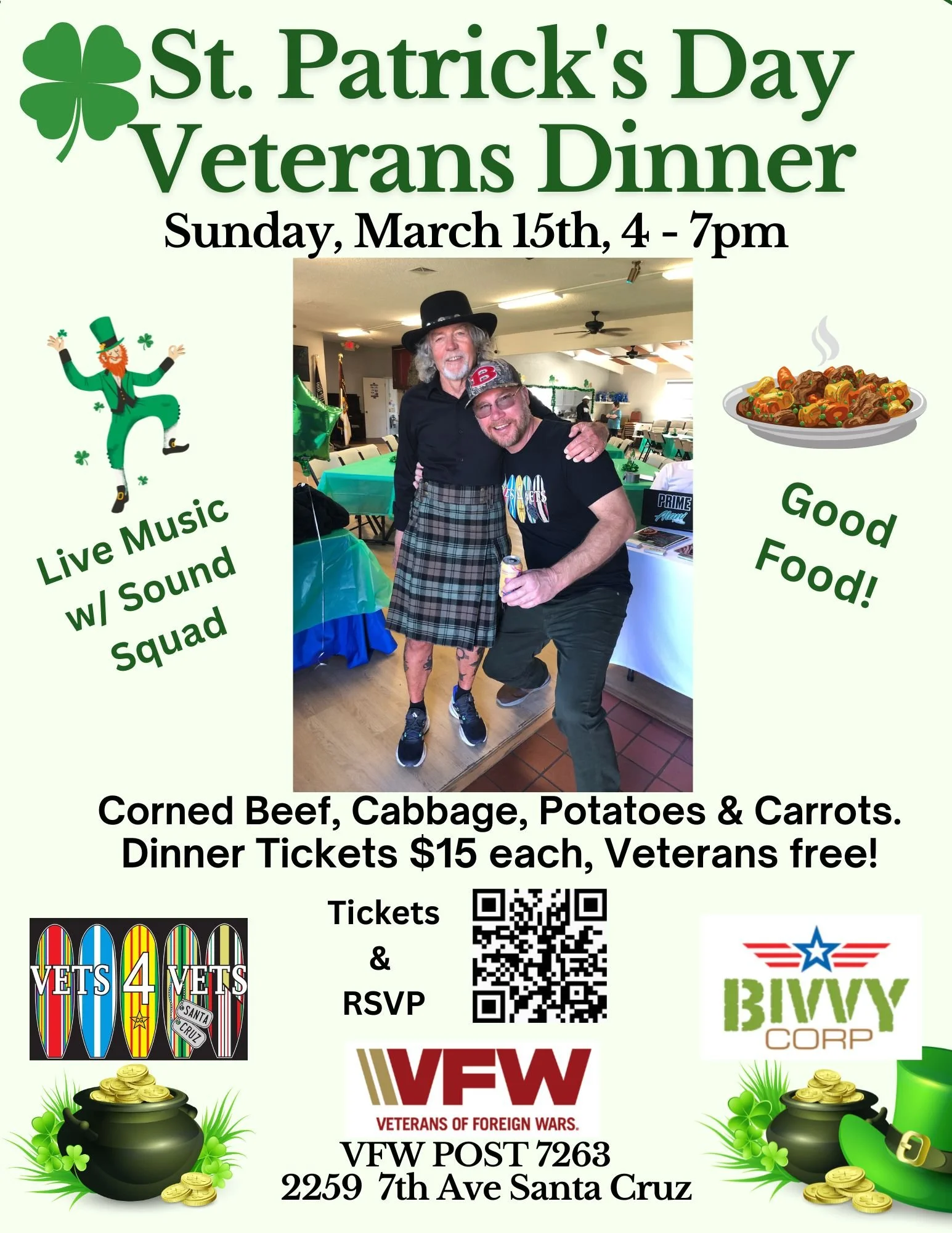 March 15th St. Patrick's Dinner @ VFW Post 7263 4pm-7pm 