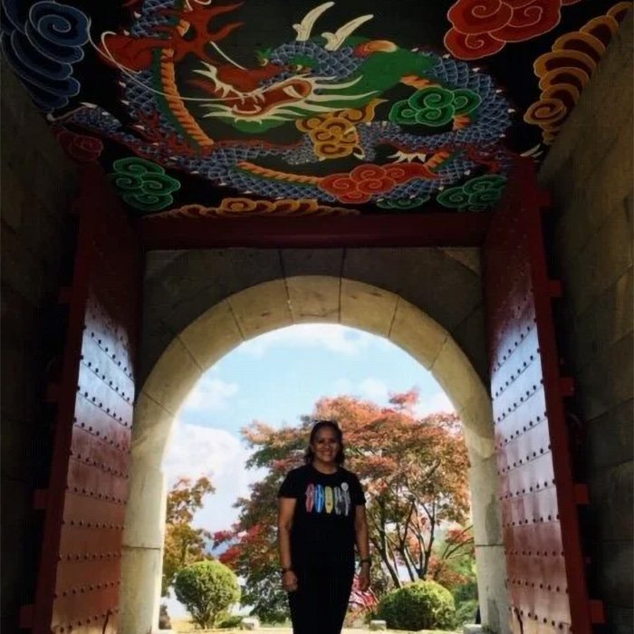 Amy V. in Korea wearing a Vets 4 Vets shirt.