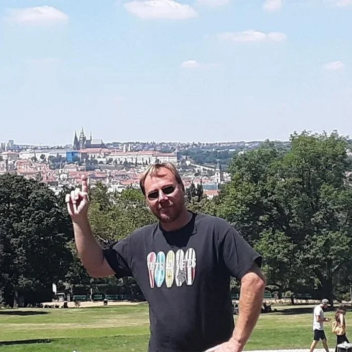 Dean K. in Prague, Czech Republic wearing a Vets 4 Vets shirt.