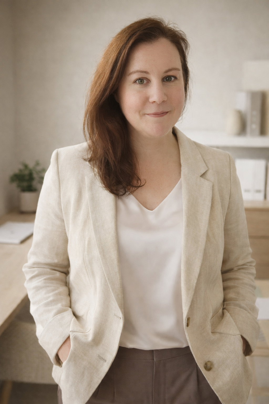 A woman with auburn hair and green eyes wearing a beige blazer and white blouse, standing with her hands in her pockets in a cozy office space.