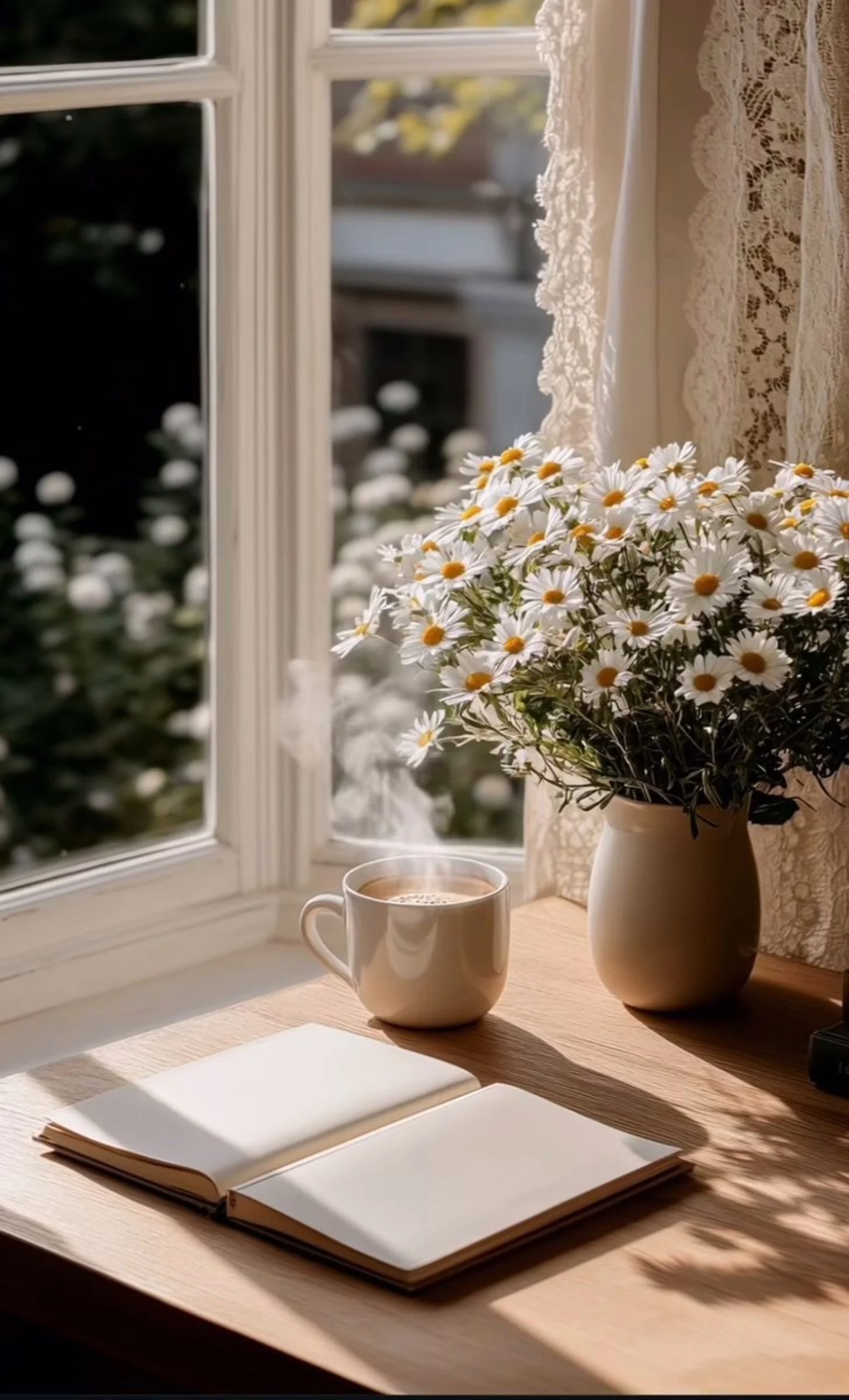 A windowsill with a steaming cup of coffee, an open notebook, and a vase of daisies, with lace curtains and sunlight streaming in.