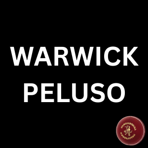 Text reading 'WARWICK PELUSO' on a black background with a small seal or badge at the bottom right.
