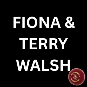 Text reading 'Fiona & Terry Walsh' on a black background, with a red circular logo at the bottom right corner.