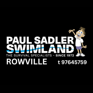 Logo for Paul Sadler Swimland Rowville featuring a cartoon child in swim gear, with text indicating it's a survival swimming school established in 1972.