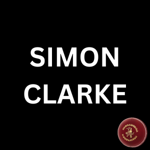 Black background with white text saying "SIMON CLARKE" and a red circular logo with gold details in the bottom right corner.