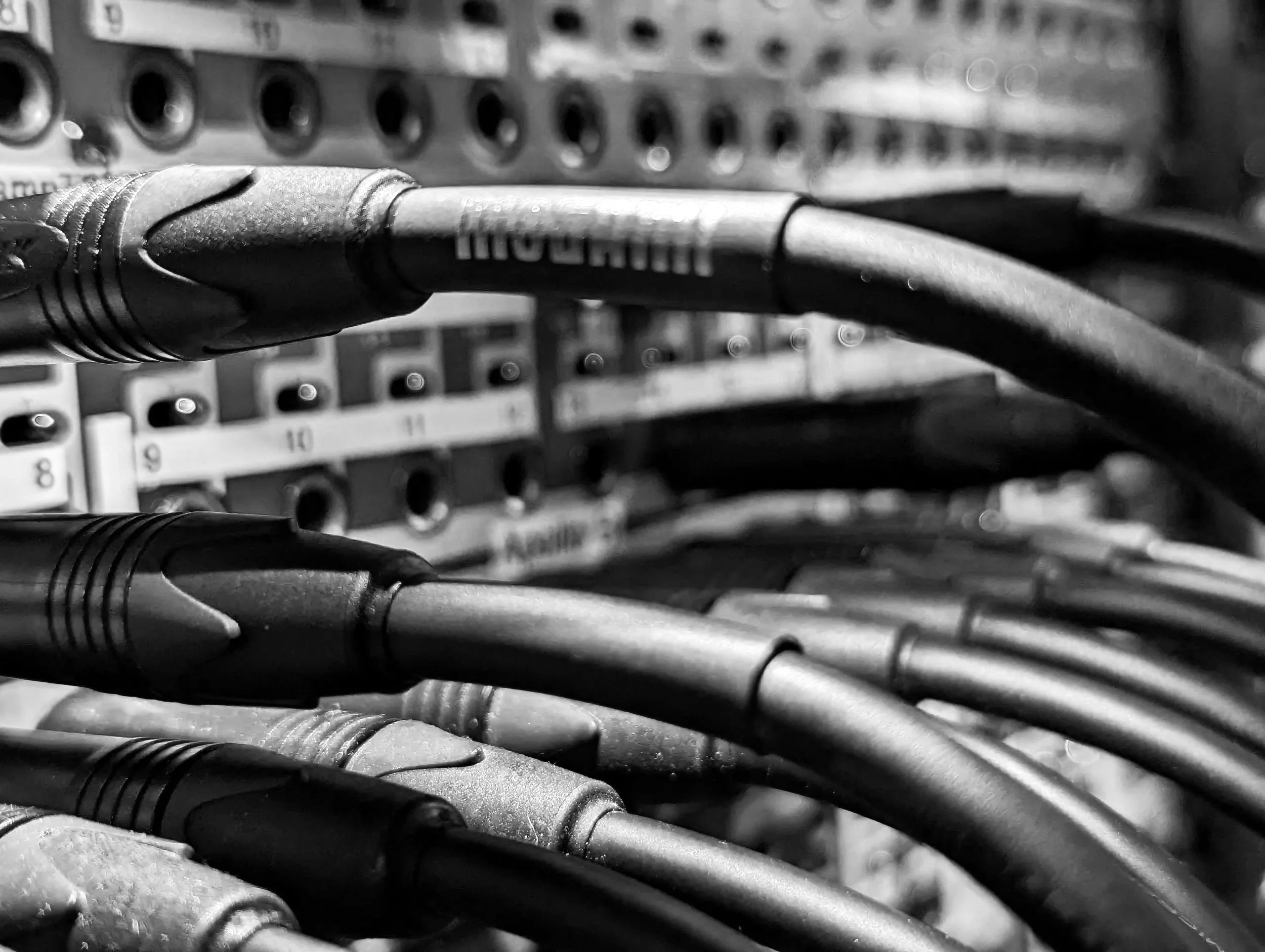 Close up of the studio patch bay at Rabid Ears, Richmond, VA