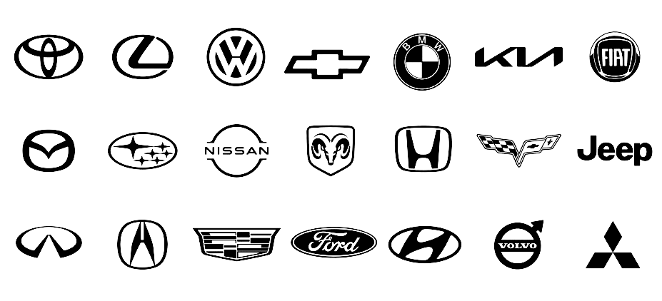 Toyota, Lexus, Volkswagen, Chevrolet, BMW, Kia, Fiat, Mazda, Subaru, Nissan, Ram, Honda, Jeep, Infiniti, Acura, Ford, Hyundai, Volvo, and Mitsubishi.