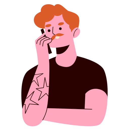 Cartoon illustration of a person with red hair, mustache, wearing a black shirt, talking on a mobile phone, with star tattoos on their arm.