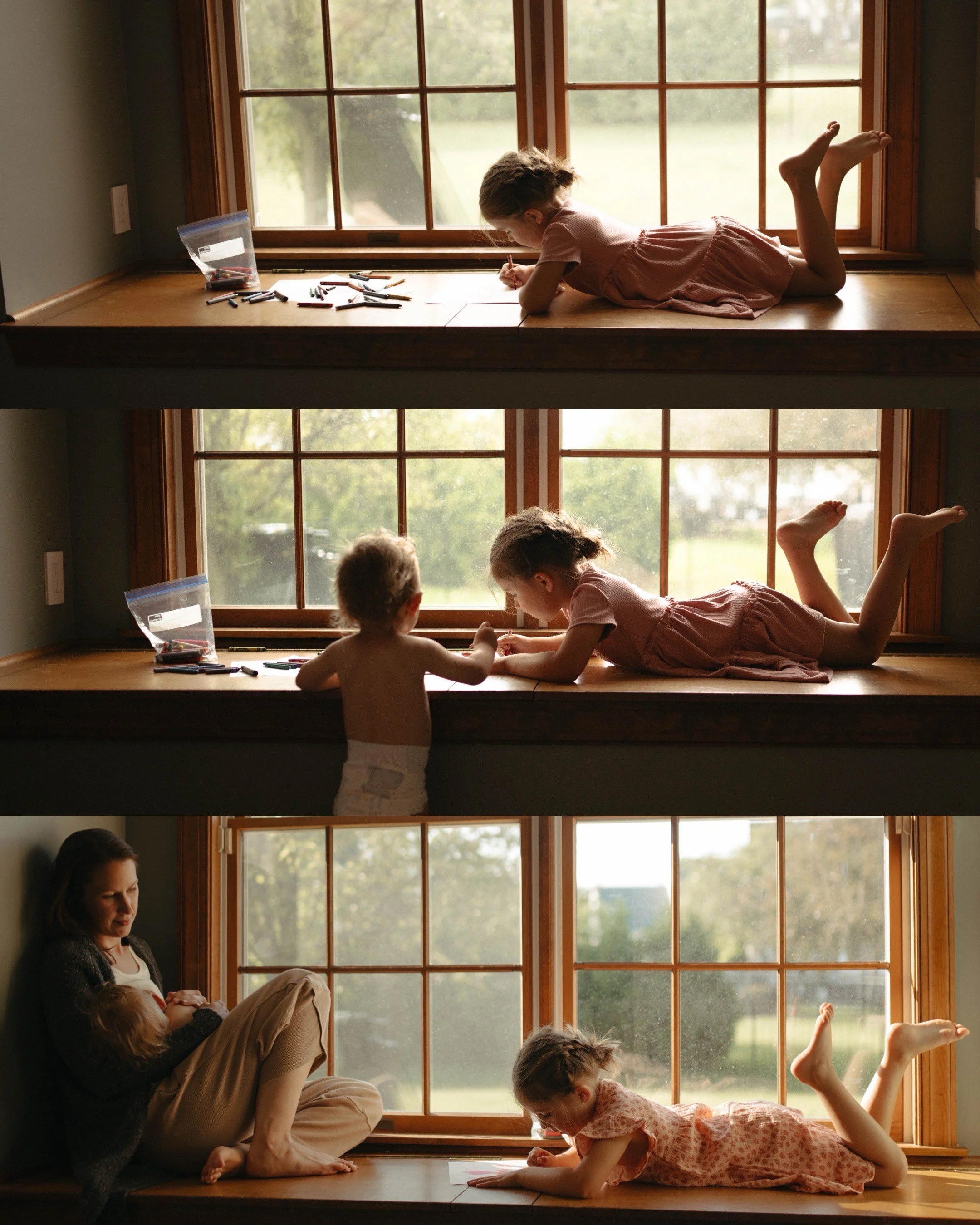 these candid moments document childhood at home: a little girl drawing near the sunlit window, little brother joining her, mom sitting near by