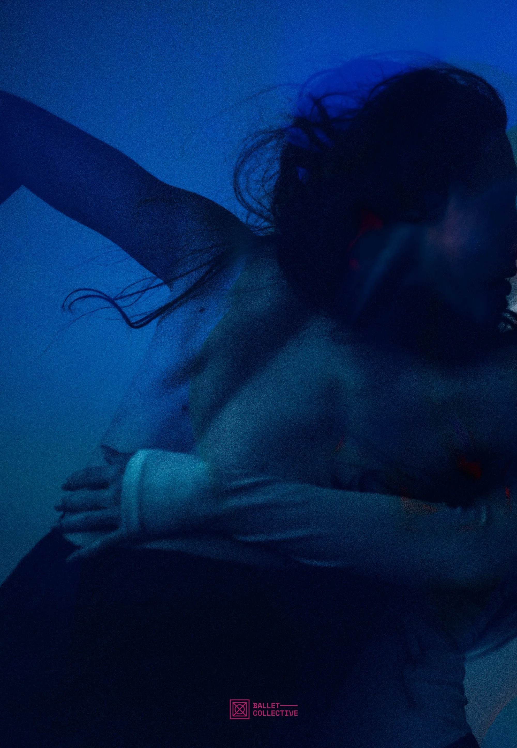 A dancer in deep blue light, with the BalletCollective logo
