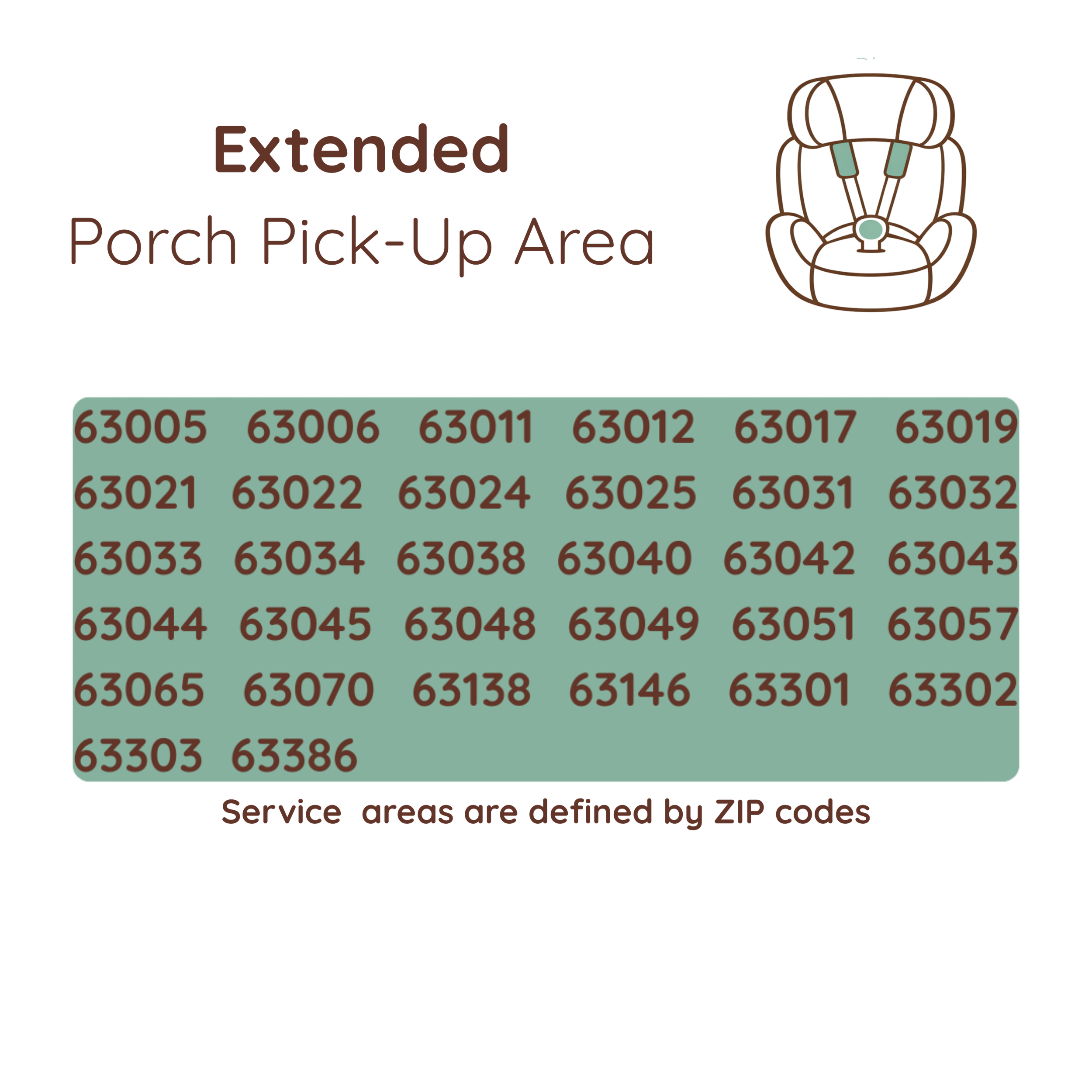 Diagram of a porch with an extended pick-up area showing service zone zip codes, including 63005, 63006, 63011, 63012, 63017, 63019, 63021, 63022, 63024, 63025, 63031, 63032, 63033, 63034, 63038, 63040, 63042, 63043, 63044, 63045, 63048, 63049, 63051, 63057, 63065, 63070, 63138, 63146, 63301, 63302, 63303, 63386. Text indicates service areas are defined by ZIP codes.