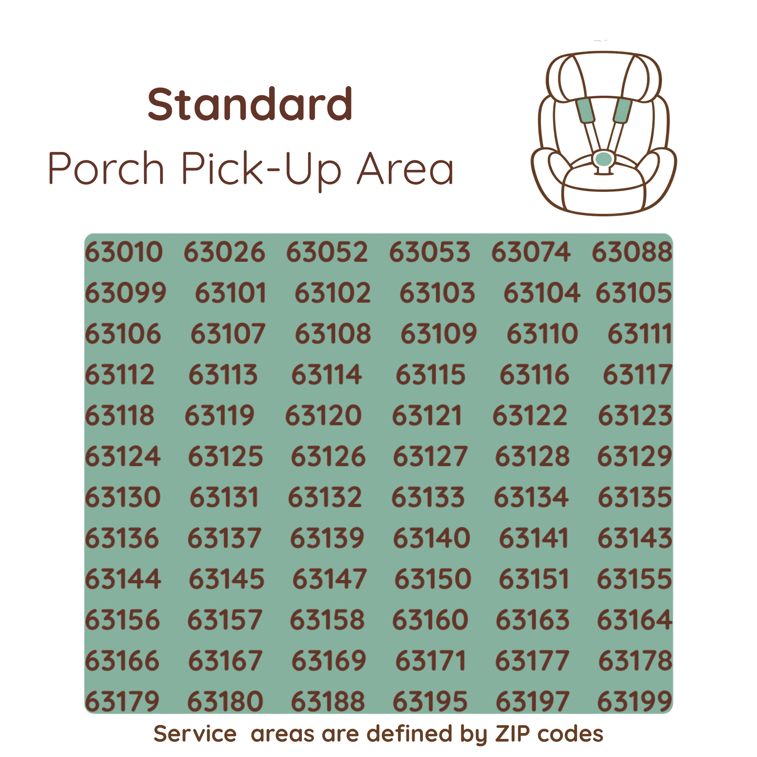 Diagram of a porch pickup area labeled 'Standard Porch Pick-Up Area,' showing a grid of ZIP codes from 63010 to 63199 indicating various service zones.