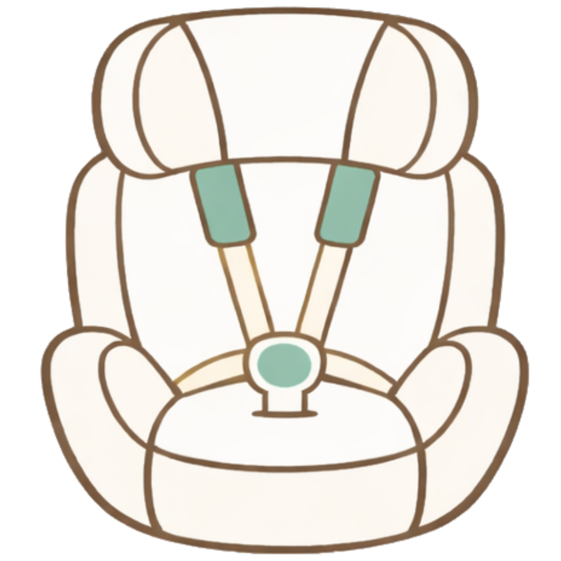 Illustration of a baby car seat with a white and beige design and light teal accents.