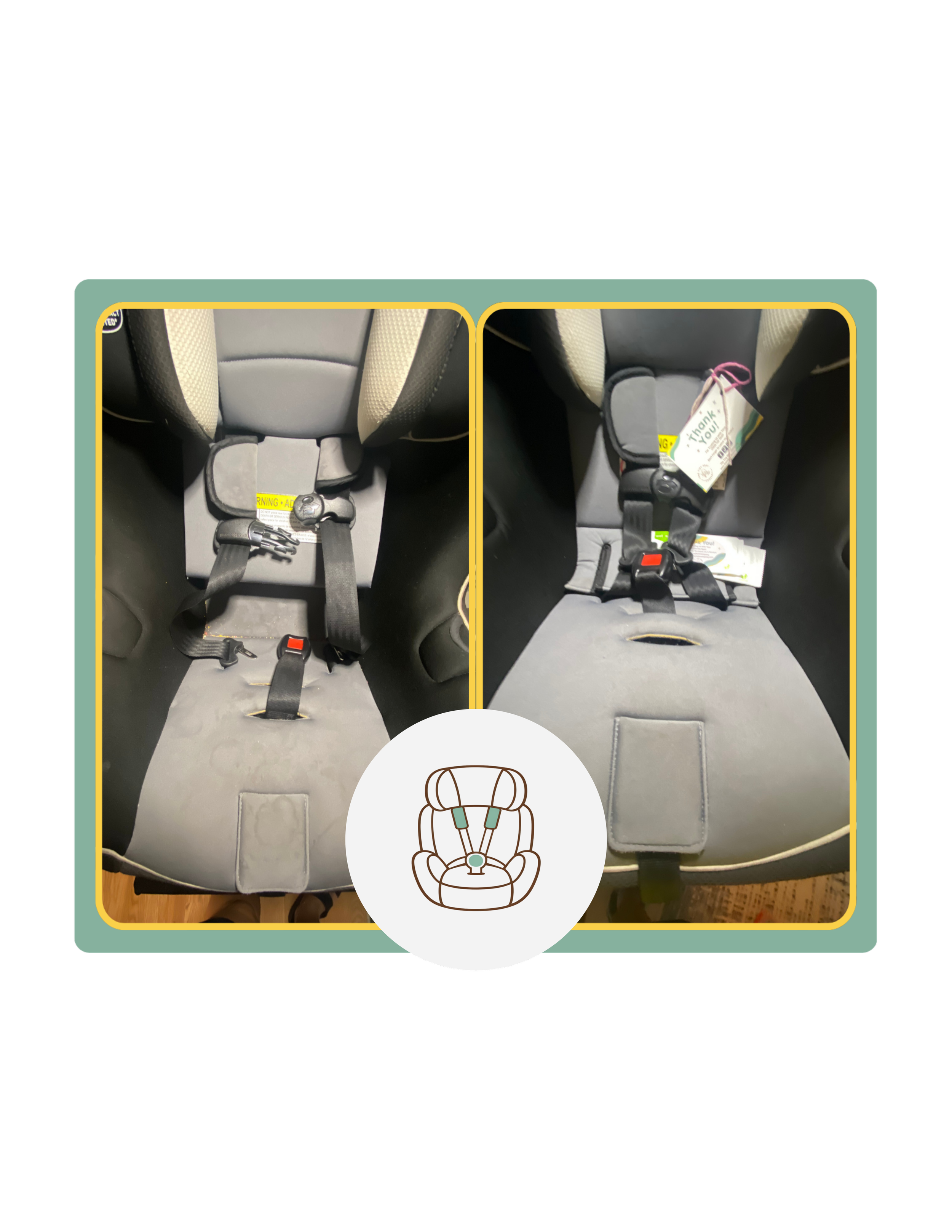 Comparison of two child car seats showing different installation states, with a seatbelt securing each seat.