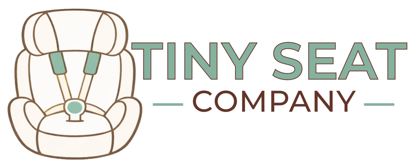 Logo of Tiny Seat Company featuring a stylized illustration of a child's car seat in beige and green colors, with the company name beside it.