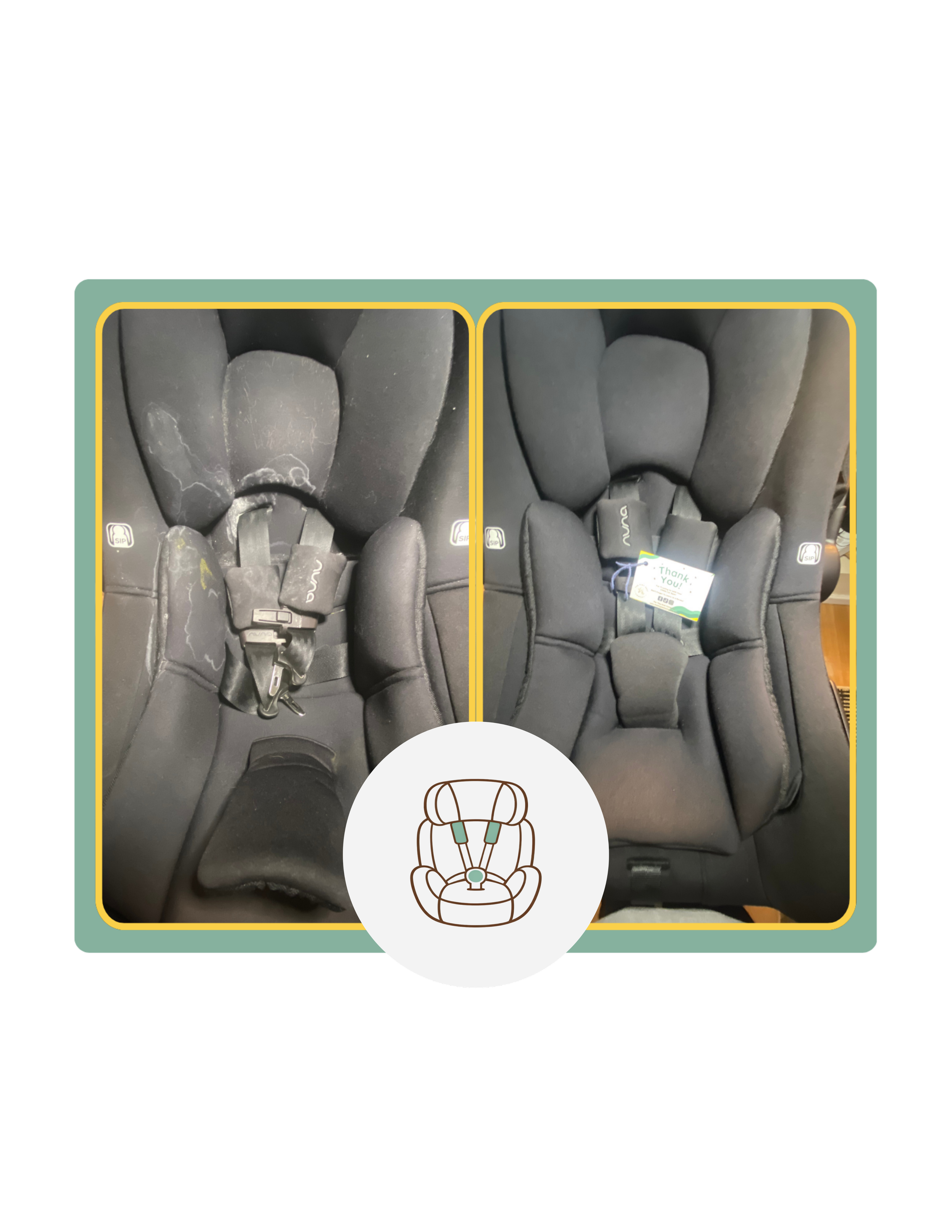 Comparison of a dirty and a clean car seat for children, showing before and after cleaning.