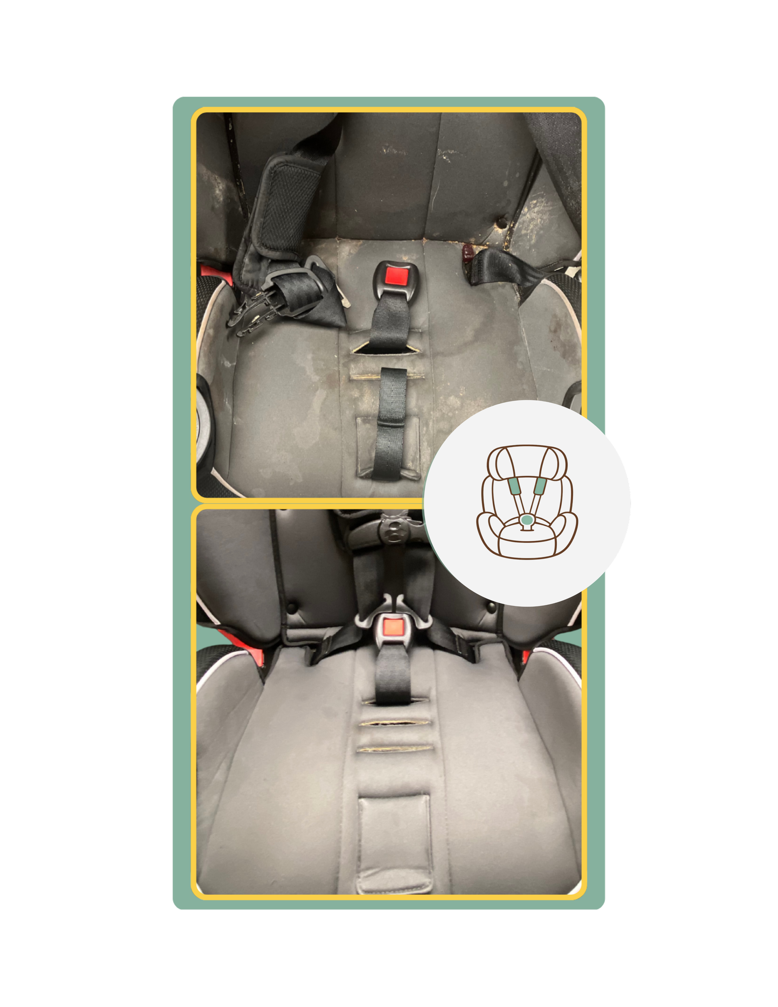 Comparison of two car seats, one old and worn, the other new and clean, with an icon of a car seat for children.