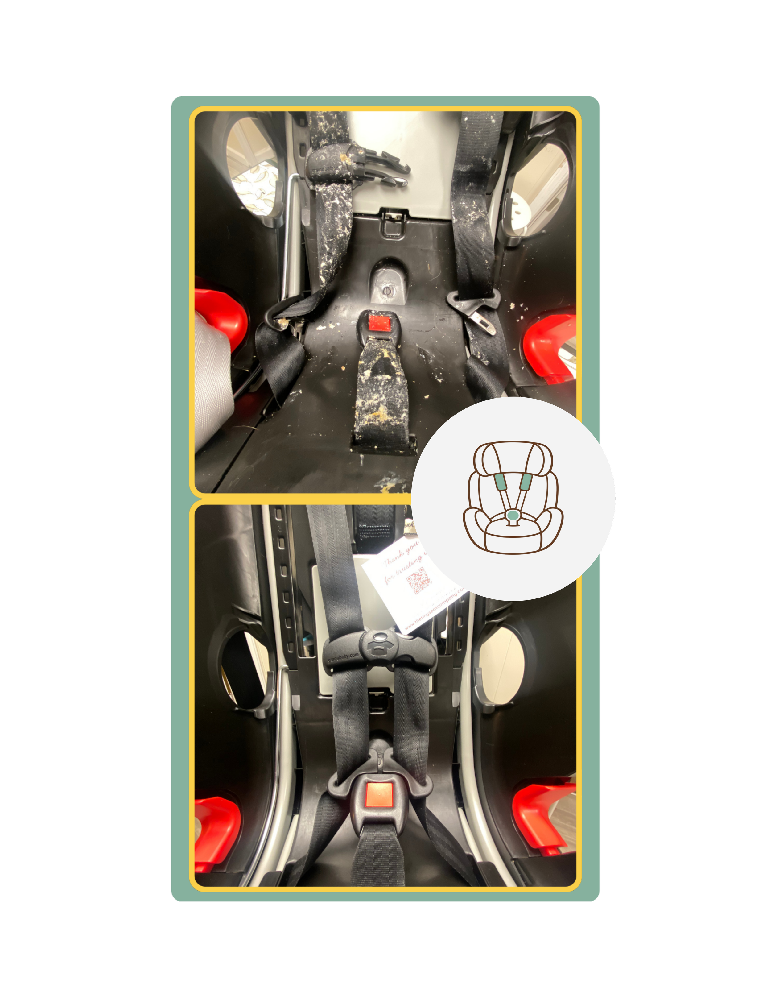 Comparison of a dirty car seat harness and a clean car seat harness.