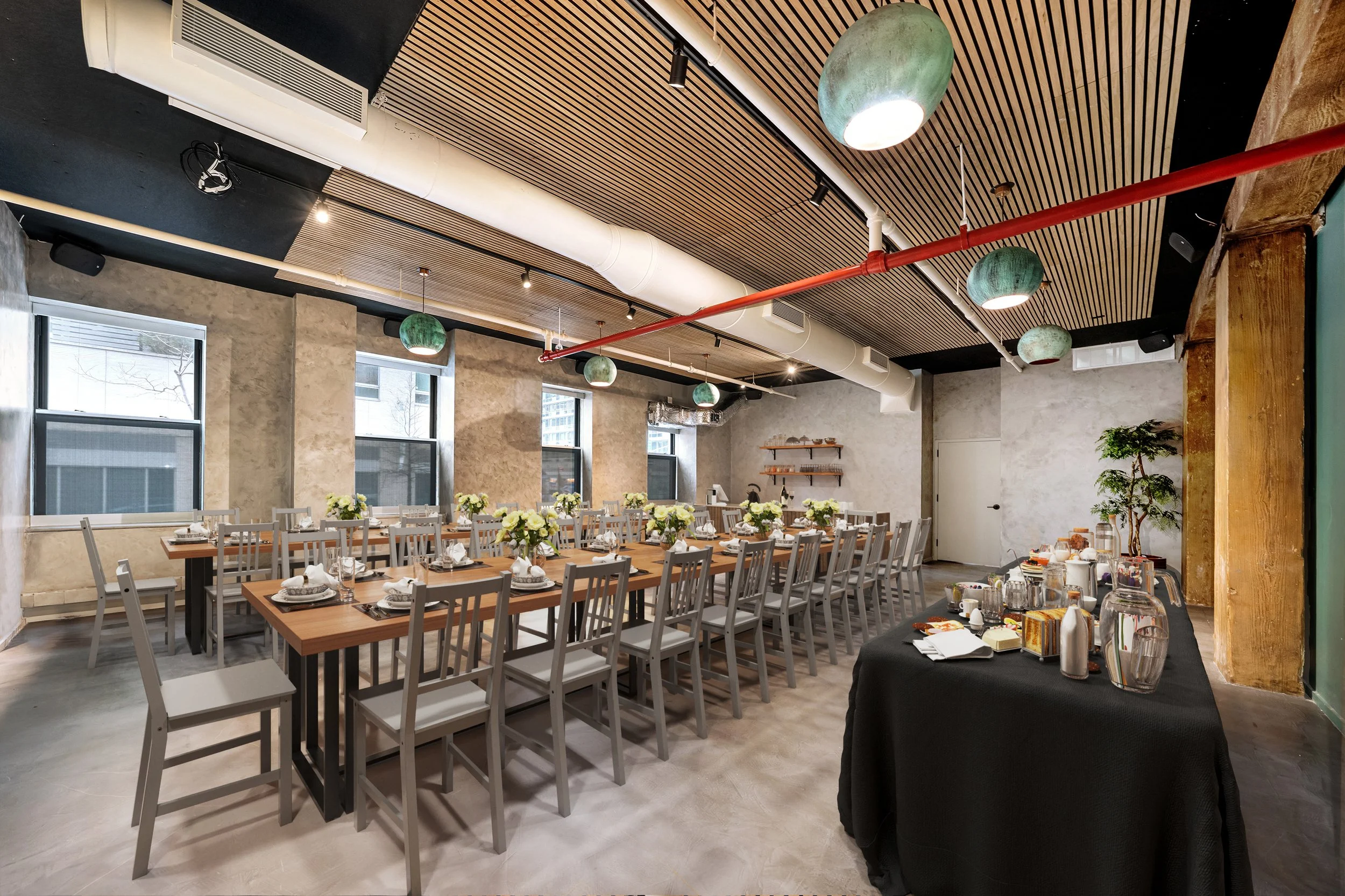 Suram Hudson Yards private room image with long tables, bar and serving table