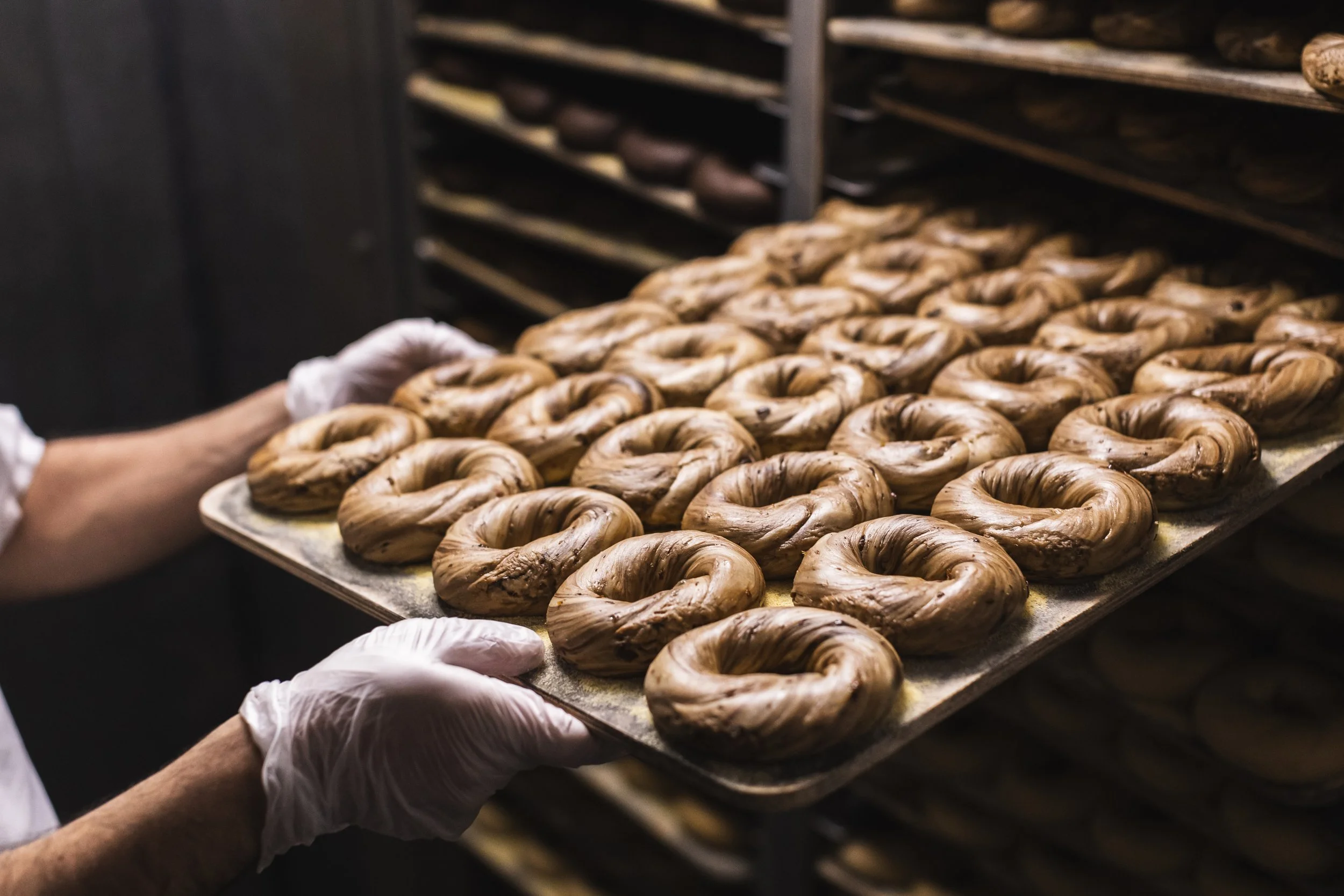 hot bagels coming out of oven