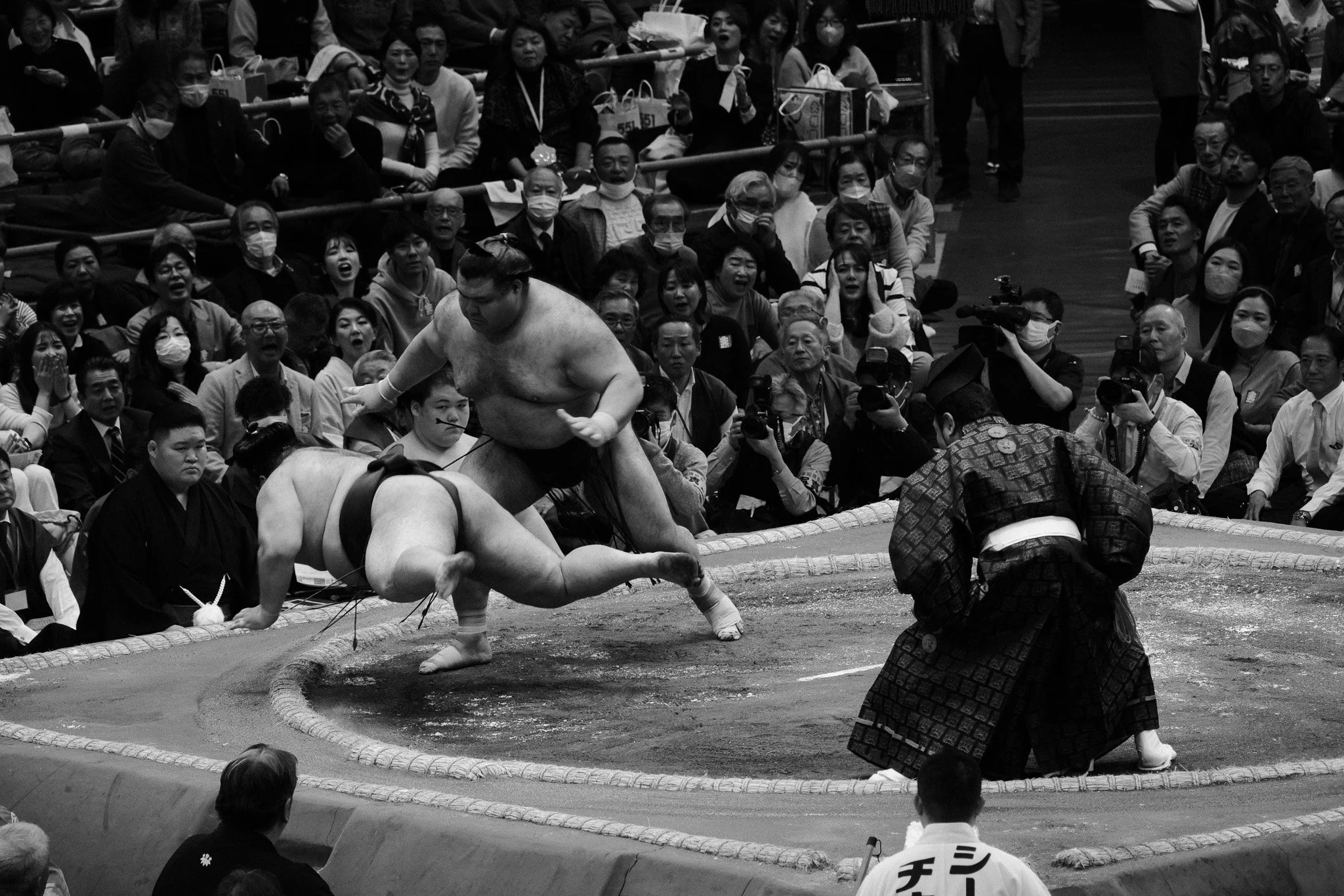 Sumo wrestlers competing in a match while an audience watches in the background.