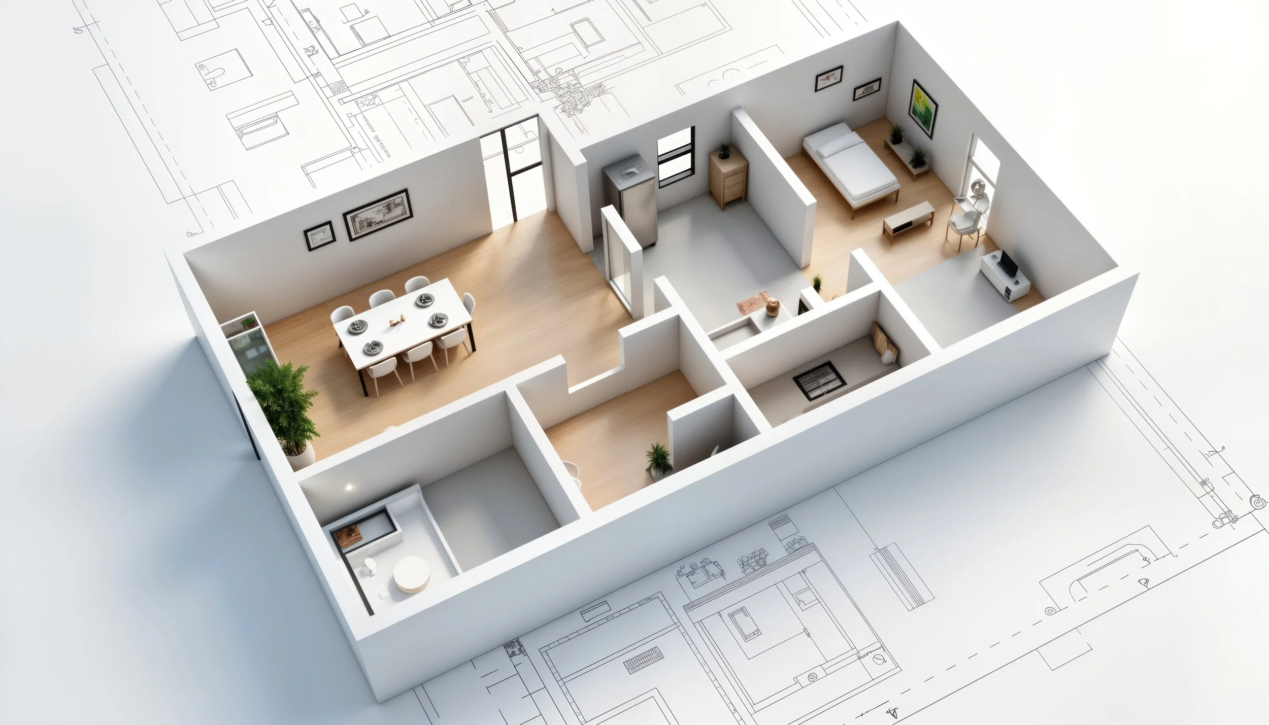 Floor plan of a modern apartment with white walls, wooden floors, and furnished rooms including a dining area, living room, bedroom, bathroom, and small utility room, with some areas overlaid on architectural blueprints.