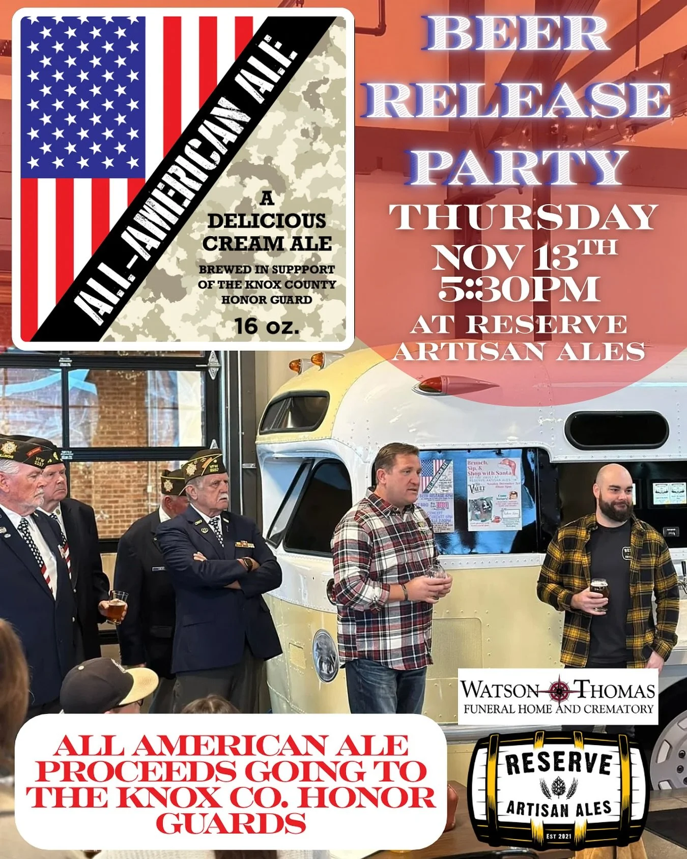 🇺🇸Head into the taproom for the release of the 3rd batch of the All American Ale with the proceeds going to the all of the Knox County Honor Guards (Galesburg, Williamsfield &amp; Abingdon) 🍻 
🪖These groups of veterans attend funerals of fellow v