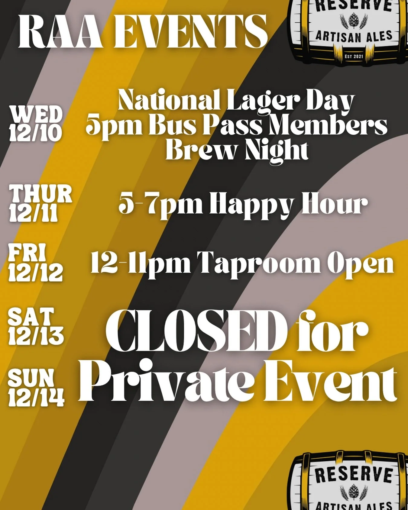 WARNING🚨We will be closed this Saturday &amp; Sunday for a private event🚨
🍺Come see us Wednesday through Friday!