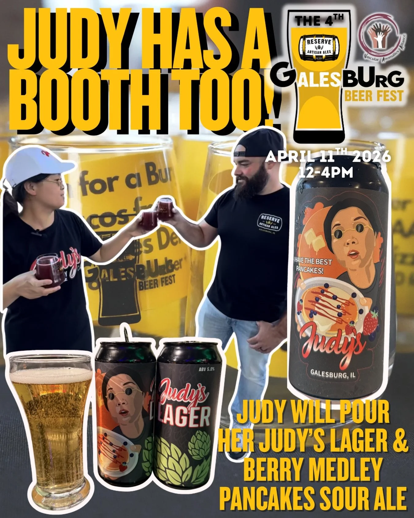 🥞 @judysfamilycafe will be in attendance for the 4th G-ALES-Burg Beer Fest benefiting @vascularally pouring her 2 beers we craft specifically for her @judyskitchen51 location in downtown Galesburg! 🍻 Grab a pour from her and purchase some Judy&rsqu